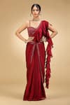 Buy_Jhambthreads_Red Georgette Embroidery, Sequins, Beads Ruffle Pre-draped Saree And Blouse Set _at_Aza_Fashions