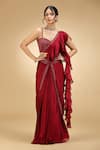 Buy_Jhambthreads_Red Georgette Embroidery, Sequins, Beads Ruffle Pre-draped Saree And Blouse Set _Online_at_Aza_Fashions