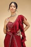 Jhambthreads_Red Georgette Embroidery, Sequins, Beads Ruffle Pre-draped Saree And Blouse Set _at_Aza_Fashions