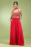 Buy_Jhambthreads_Red Silk, Georgette Sequins Sweetheart Neck Embroidered Blouse And Palazzo Set _at_Aza_Fashions