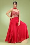 Jhambthreads_Red Silk, Georgette Sequins Sweetheart Neck Embroidered Blouse And Palazzo Set _Online_at_Aza_Fashions