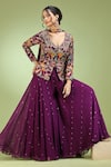 Jhambthreads_Purple Georgette, Viscose Sequins V-neck Abstract Pattern Peplum Kurta Set _at_Aza_Fashions