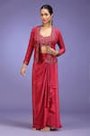Jhambthreads_Red Crepe Embroidery, Sequins, Stones Open Neck, Jacket Draped Skirt Set _Online_at_Aza_Fashions