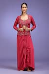 Shop_Jhambthreads_Red Crepe Embroidery, Sequins, Stones Open Neck, Jacket Draped Skirt Set _at_Aza_Fashions
