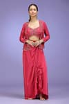 Buy_Jhambthreads_Red Crepe Embroidery, Sequins, Stones Open Neck, Jacket Draped Skirt Set _at_Aza_Fashions