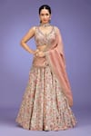 Buy_Jhambthreads_Pink Crepe, Tissue Zari, Tassels V-neck Floral Pattern Lehenga Set _at_Aza_Fashions