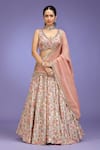 Jhambthreads_Pink Crepe, Tissue Zari, Tassels V-neck Floral Pattern Lehenga Set _Online_at_Aza_Fashions