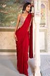 Sajeda A Lehry_Red Georgette, Shantoon Mirrors, Pre-stitched Saree With Hand Work Blouse _at_Aza_Fashions