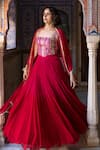 Buy_Sajeda A Lehry_Red Georgette, Shantoon Embroidery, Sequins, Mirrors, Hand Blouse Lehenga Set _at_Aza_Fashions