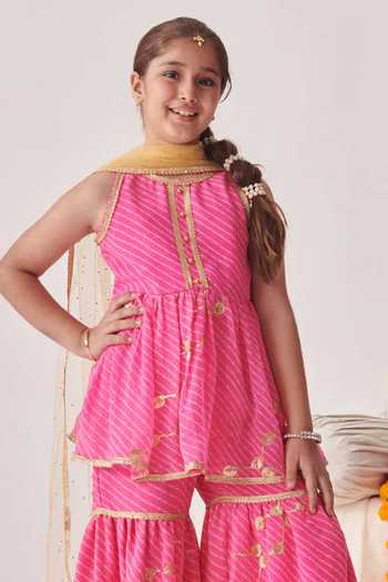 Jhambthreads_Pink Georgette, Net Embroidery, Zari Printed Kurta Set _Online_at_Aza_Fashions