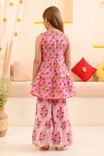 Shop_Jhambthreads_Pink Net, Pure Cotton Embroidery Printed And Kurta Set _at_Aza_Fashions