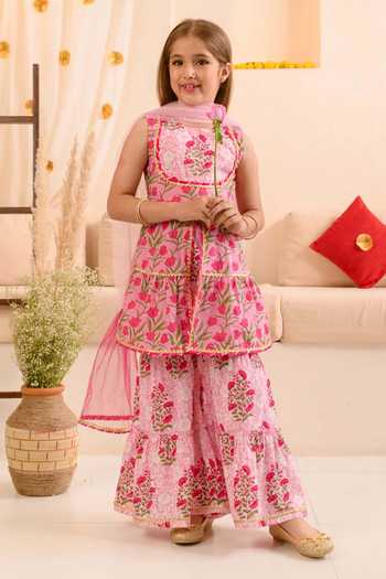 Buy_Jhambthreads_Pink Net, Pure Cotton Embroidery Printed And Kurta Set _at_Aza_Fashions