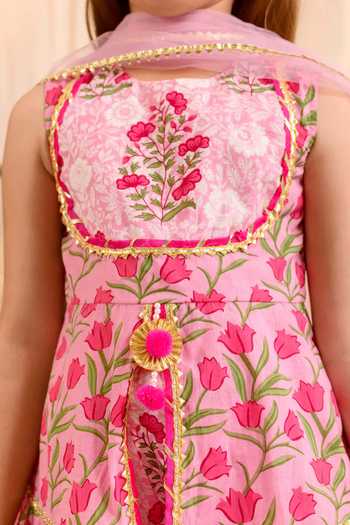 Buy_Jhambthreads_Pink Net, Pure Cotton Embroidery Printed And Kurta Set _Online_at_Aza_Fashions