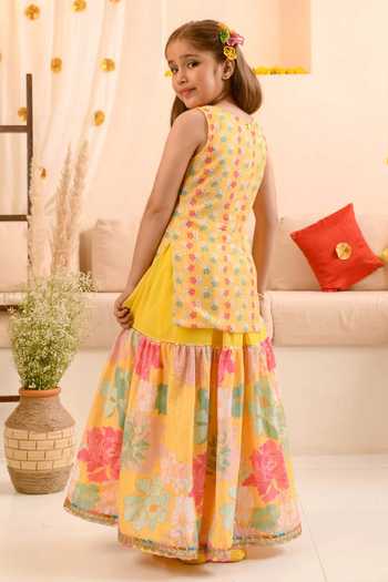 Shop_Jhambthreads_Pink Georgette, Net Embroidery, Printed Floral Kurta Sharara And Dupatta Set _at_Aza_Fashions