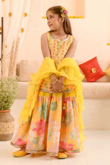 Shop_Jhambthreads_Pink Georgette, Net Embroidery, Printed Floral Kurta Sharara And Dupatta Set _Online_at_Aza_Fashions