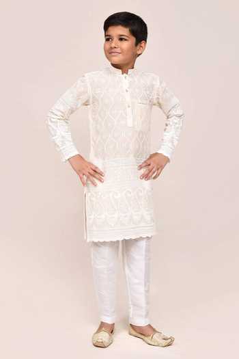 Buy_Jhambthreads_White Silk, Cotton Embroidery, Sequins Thread And Work Kurta Set _Online_at_Aza_Fashions