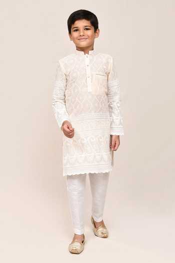Buy_Jhambthreads_White Silk, Cotton Embroidery, Sequins Thread And Work Kurta Set _at_Aza_Fashions