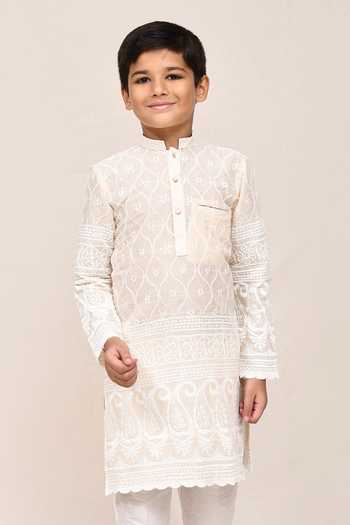 Shop_Jhambthreads_White Silk, Cotton Embroidery, Sequins Thread And Work Kurta Set _Online_at_Aza_Fashions