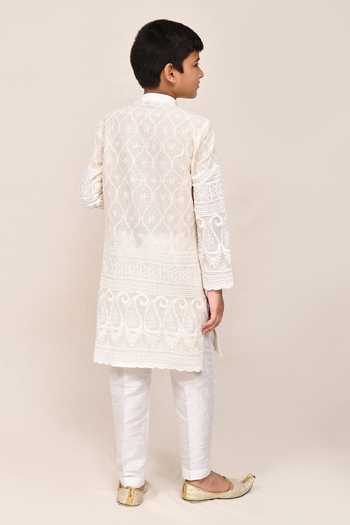 Shop_Jhambthreads_White Silk, Cotton Embroidery, Sequins Thread And Work Kurta Set _at_Aza_Fashions