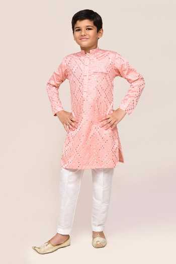 Buy_Jhambthreads_Pink Silk Mirrors Work Kurta And Pant Set _at_Aza_Fashions
