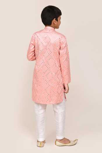 Shop_Jhambthreads_Pink Silk Mirrors Work Kurta And Pant Set _at_Aza_Fashions