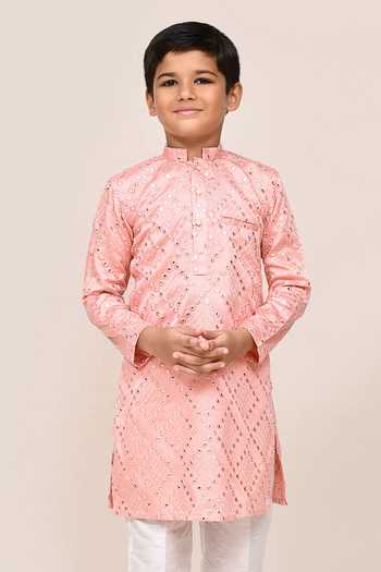 Shop_Jhambthreads_Pink Silk Mirrors Work Kurta And Pant Set _Online_at_Aza_Fashions