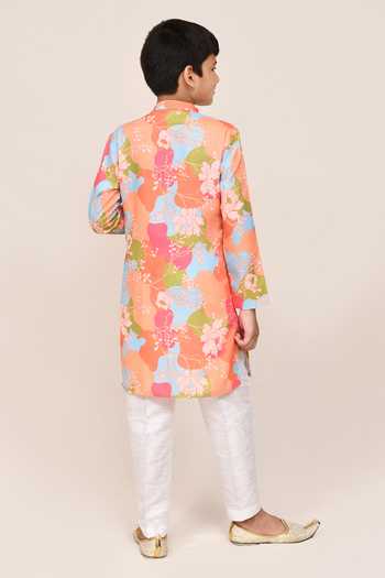 Shop_Jhambthreads_Multi Color Silk, Cotton, Linen Floral Print Kurta Set _at_Aza_Fashions