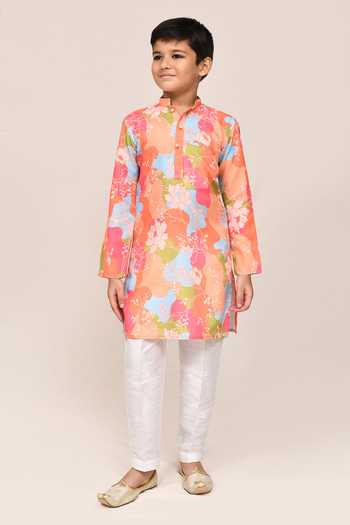 Buy_Jhambthreads_Multi Color Silk, Cotton, Linen Floral Print Kurta Set _Online_at_Aza_Fashions