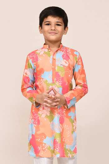 Shop_Jhambthreads_Multi Color Silk, Cotton, Linen Floral Print Kurta Set _Online_at_Aza_Fashions