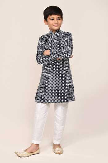 Jhambthreads_Blue Silk, Cotton Geometric Print Kurta Set _Online_at_Aza_Fashions