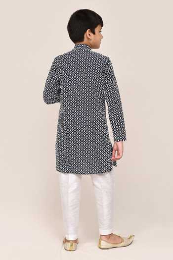 Shop_Jhambthreads_Blue Silk, Cotton Geometric Print Kurta Set _at_Aza_Fashions