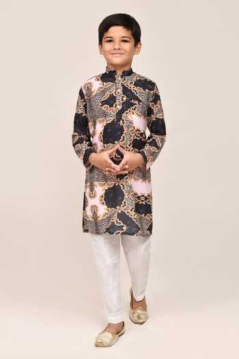 Buy_Jhambthreads_Black Silk, Cotton Ornament Print Kurta Set _at_Aza_Fashions