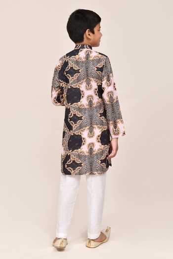 Shop_Jhambthreads_Black Silk, Cotton Ornament Print Kurta Set _at_Aza_Fashions