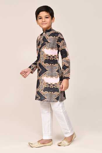 Buy_Jhambthreads_Black Silk, Cotton Ornament Print Kurta Set _Online_at_Aza_Fashions