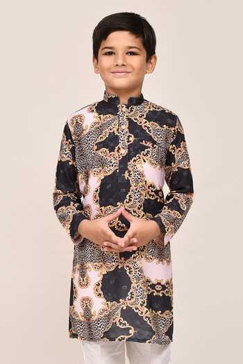 Shop_Jhambthreads_Black Silk, Cotton Ornament Print Kurta Set _Online_at_Aza_Fashions