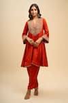 Buy_Sheetal Batra_Orange Embroidery, Zari Split V-neck Mehza Yoke Kurta And Salwar Set _Online_at_Aza_Fashions