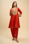 Buy_Sheetal Batra_Orange Embroidery, Zari Split V-neck Mehza Yoke Kurta And Salwar Set _at_Aza_Fashions