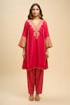 Sheetal Batra_Red Embroidery, Zari V-neck, Yes Niyah Kurta And Pant Set _at_Aza_Fashions