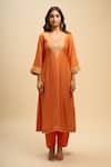 Shop_Sheetal Batra_Orange Embroidery V-neck, Yes Zaliyah Kurta Set _Online_at_Aza_Fashions