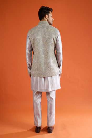 Qbik_Green Animal Print Bundi And Kurta Set _Online_at_Aza_Fashions
