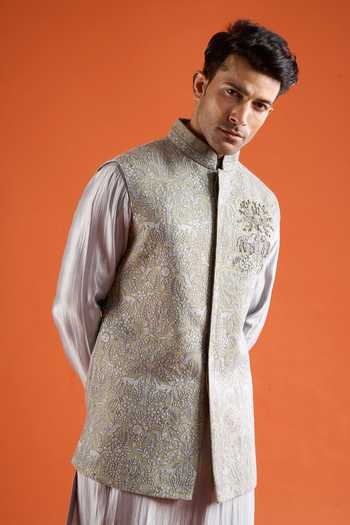 Qbik_Green Animal Print Bundi And Kurta Set _at_Aza_Fashions