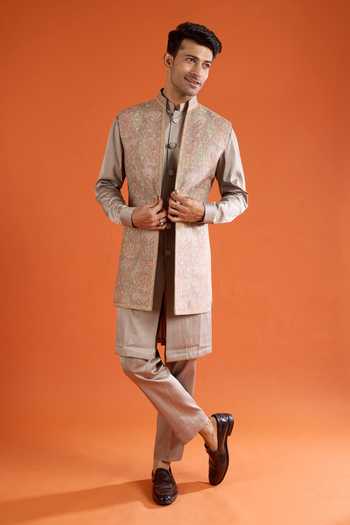 Buy_Qbik_Multi Color Embroidery Thread Bundi And Kurta Set _at_Aza_Fashions