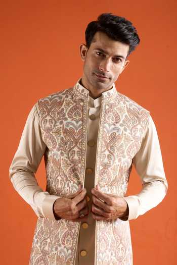 Shop_Qbik_Ivory Embroidery Floral Bundi And Kurta Set _Online_at_Aza_Fashions