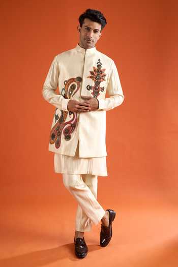 Buy_Qbik_Off White Embroidery, Zari, Mirrors Paisley Bundi And Kurta Set _at_Aza_Fashions