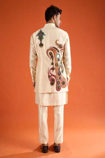 Qbik_Off White Embroidery, Zari, Mirrors Paisley Bundi And Kurta Set _Online_at_Aza_Fashions