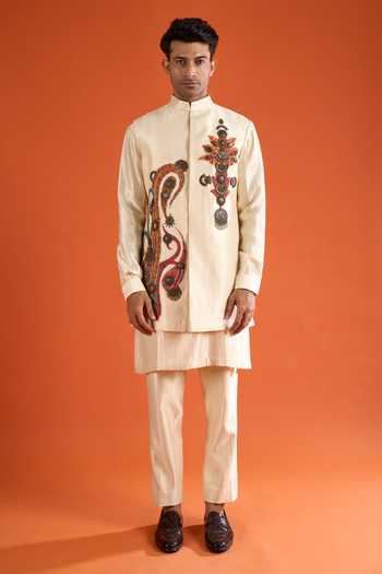 Shop_Qbik_Off White Embroidery, Zari, Mirrors Paisley Bundi And Kurta Set _Online_at_Aza_Fashions