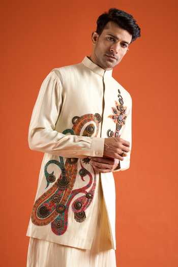 Qbik_Off White Embroidery, Zari, Mirrors Paisley Bundi And Kurta Set _at_Aza_Fashions