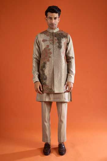 Buy_Qbik_Green Embroidery, Zari, Stones Floral Pattern Bundi And Kurta Set _Online_at_Aza_Fashions