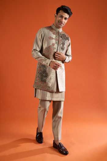Qbik_Green Embroidery, Zari, Stones Floral Pattern Bundi And Kurta Set _at_Aza_Fashions