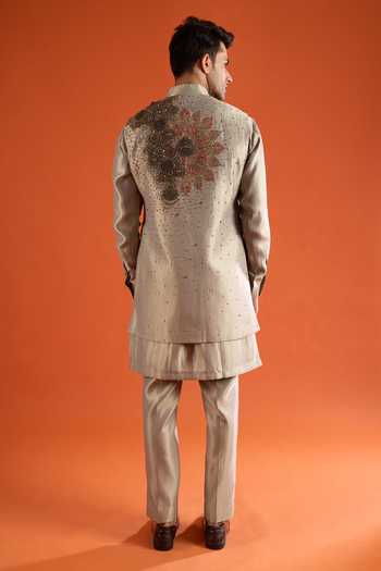 Qbik_Green Embroidery, Zari, Stones Floral Pattern Bundi And Kurta Set _Online_at_Aza_Fashions